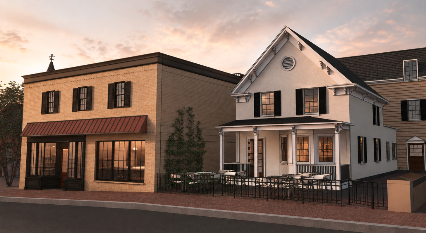 Rendering of “La Caccia” and its Italian cafe, by WoodWorks Architects
