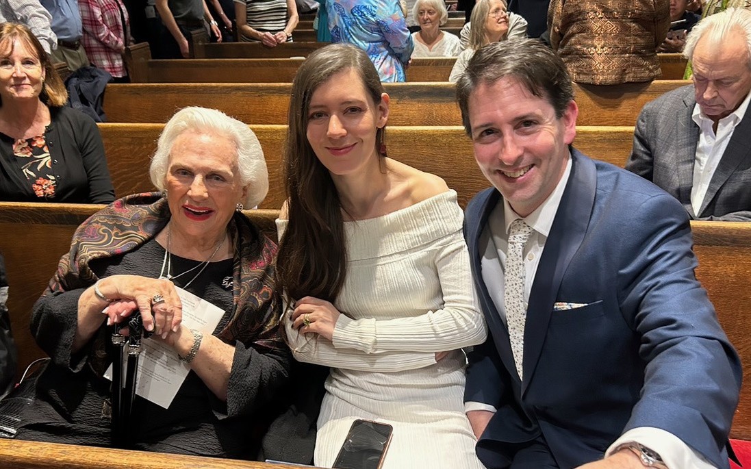 Jacqueline Mars, left, just after hearing the premiere of “Stepping Stones,” with VOCES8 co-founder and CEO Paul Smith and his wife, Daniela Mars. Photo: Leland Schwartz